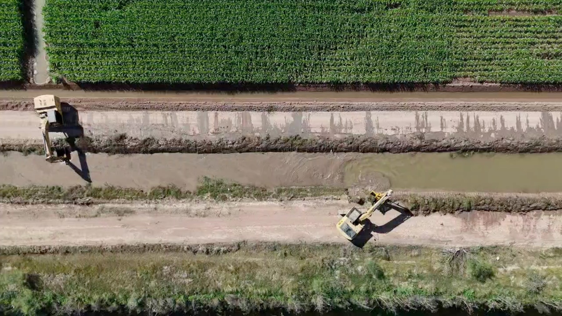 Excavadora CAT limpiando el bordo de un canal de riego, 17 de enero de 2026.