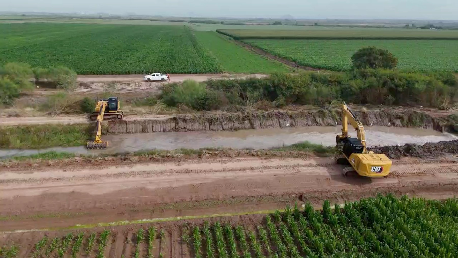 Camioneta de supervisión y excavadora trabajando sobre canal lateral entre parcelas de cultivo, 27 de enero de 2026.