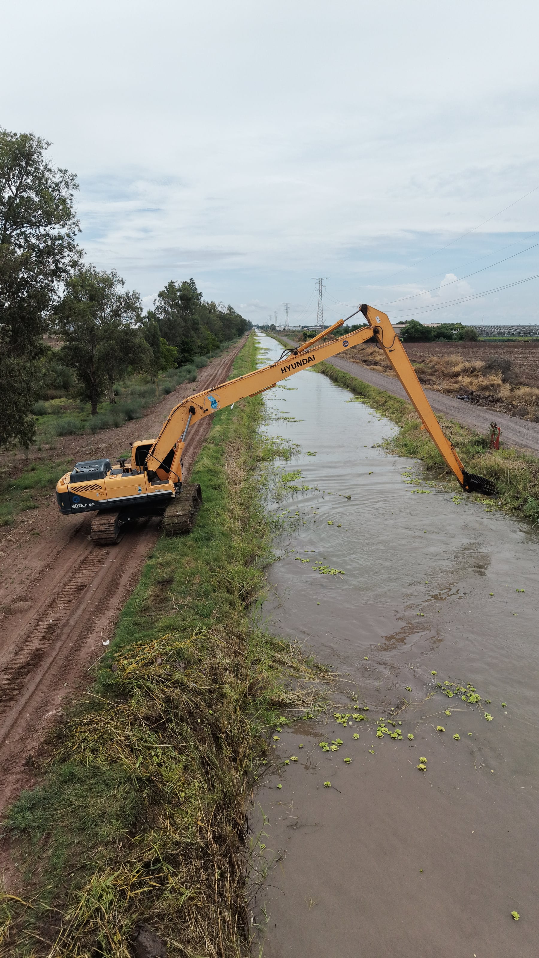 Brazo largo sobre canal activo. Excavadora trabajando desde el bordo con agua presente en el cauce.